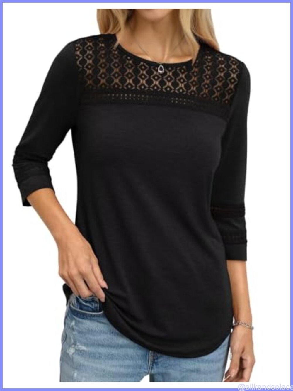 Women's Lace Tunic Top 3/4 Sleeve Crewneck Blouse Casual Dressy